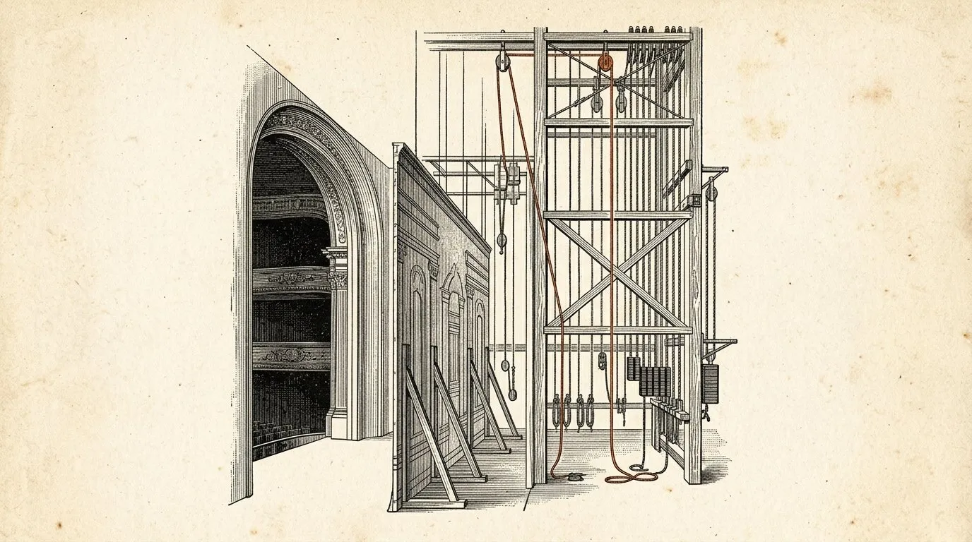 Vintage engraving of a theatre seen from the wings — painted scenery standing in front of a tall tower of ropes, pulleys and counterweights, one rope picked out in terracotta