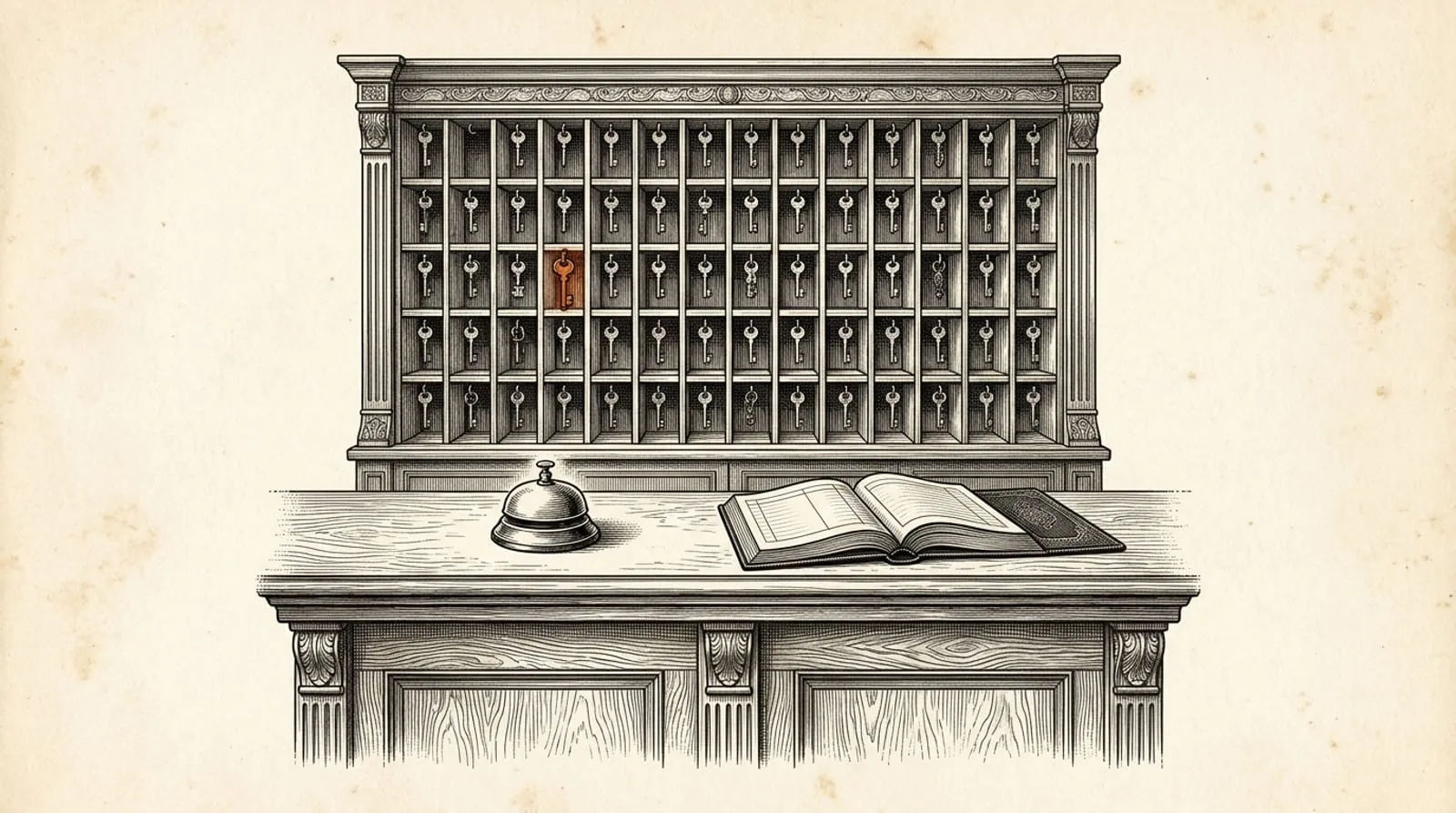 Vintage engraving of a hotel front desk with a service bell and an open ledger, a wall of key pigeonholes behind it, one pigeonhole picked out in terracotta
