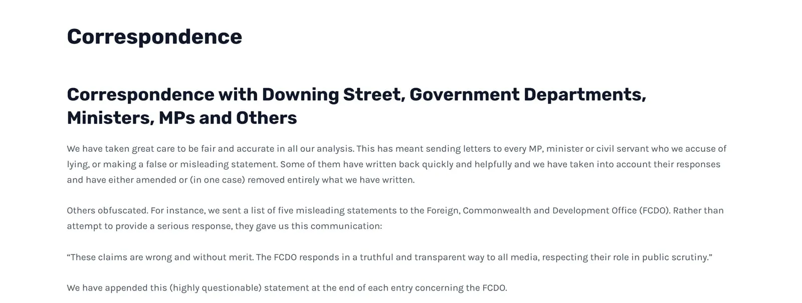 The site’s Correspondence page, headed Correspondence with Downing Street, Government Departments, Ministers, MPs and Others, explaining that a letter went to every person named and that replies were taken into account, with one department’s response quoted in full