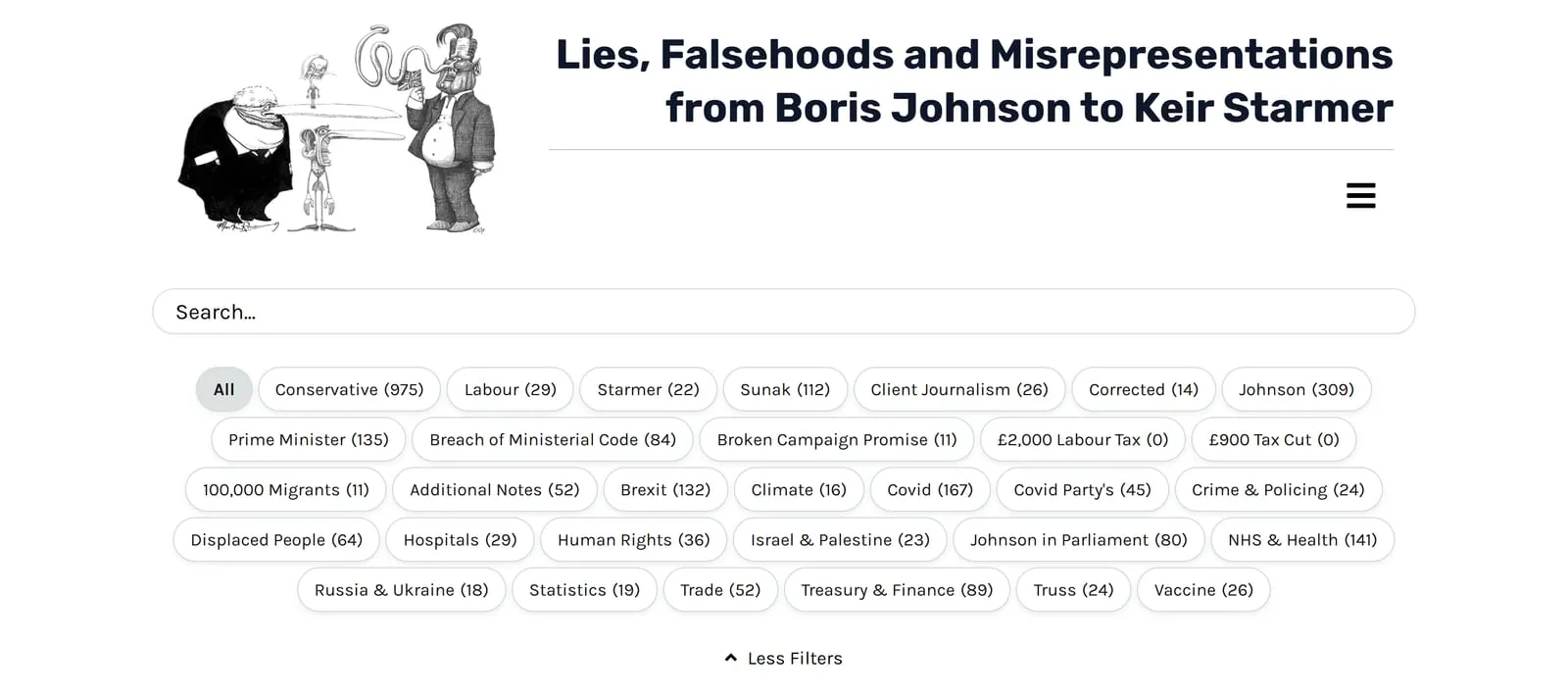 The archive filter panel expanded above the entries: a full-width search box, then rows of category pills each showing how many entries it holds, including Brexit 132, Covid 167, NHS and Health 141 and Treasury and Finance 89