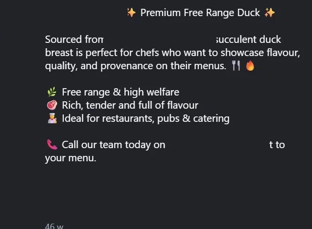 A supplier’s social post caption selling free-range duck on named-farm provenance, with the business name, farm name, phone number and hashtags removed