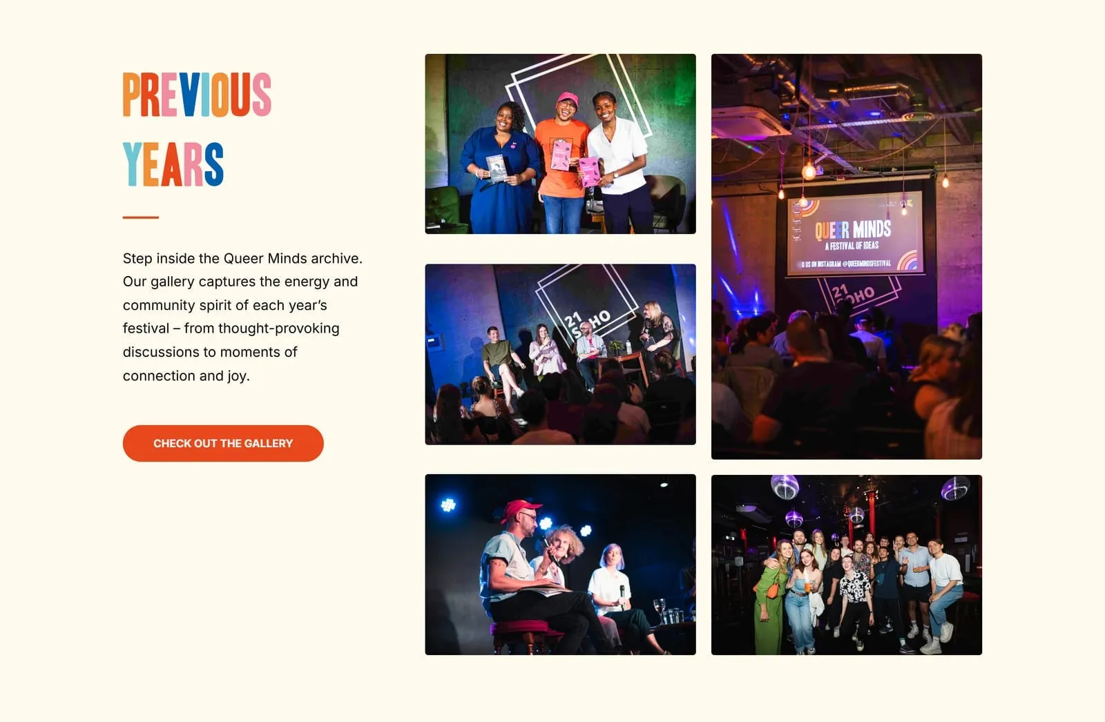 The Previous Years block on the gallery page: the heading in the same letter-by-letter colours beside a grid of photographs from past festivals