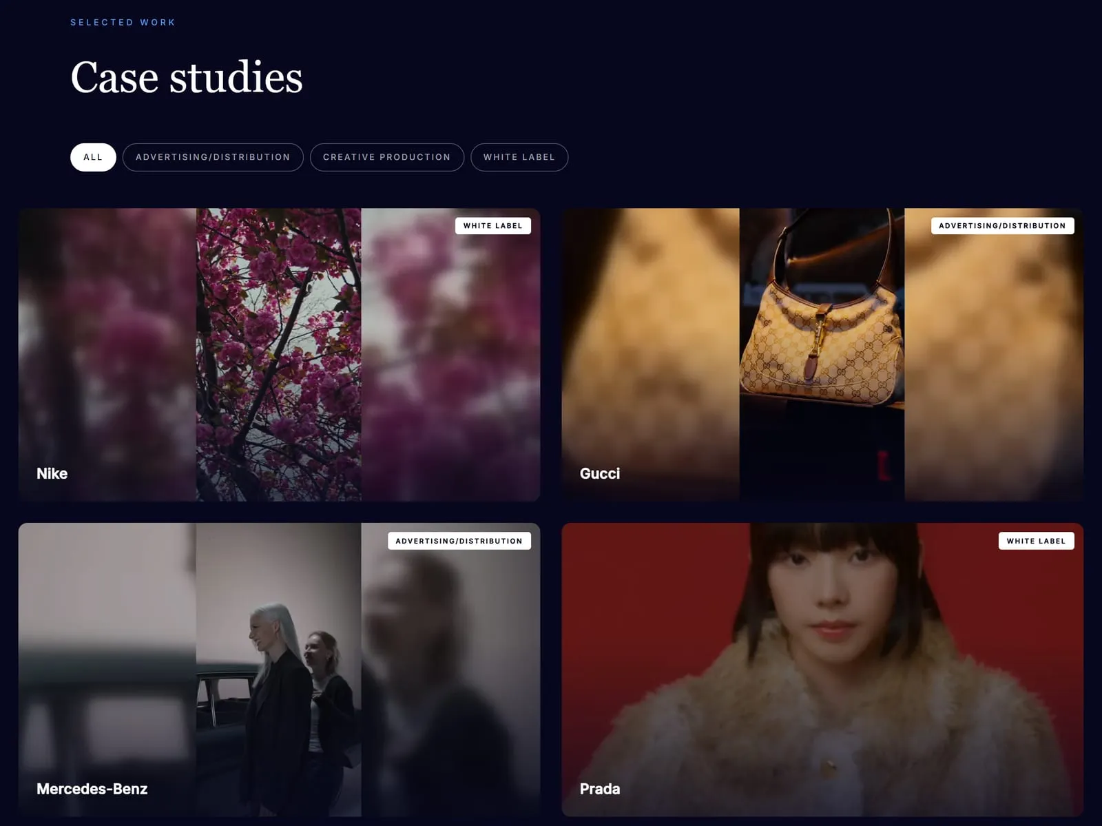 The Rad Studio case studies grid on dark navy, with filter buttons reading All, Advertising/Distribution, Creative Production and White Label above campaign tiles for Nike, Gucci, Mercedes-Benz and Prada.
