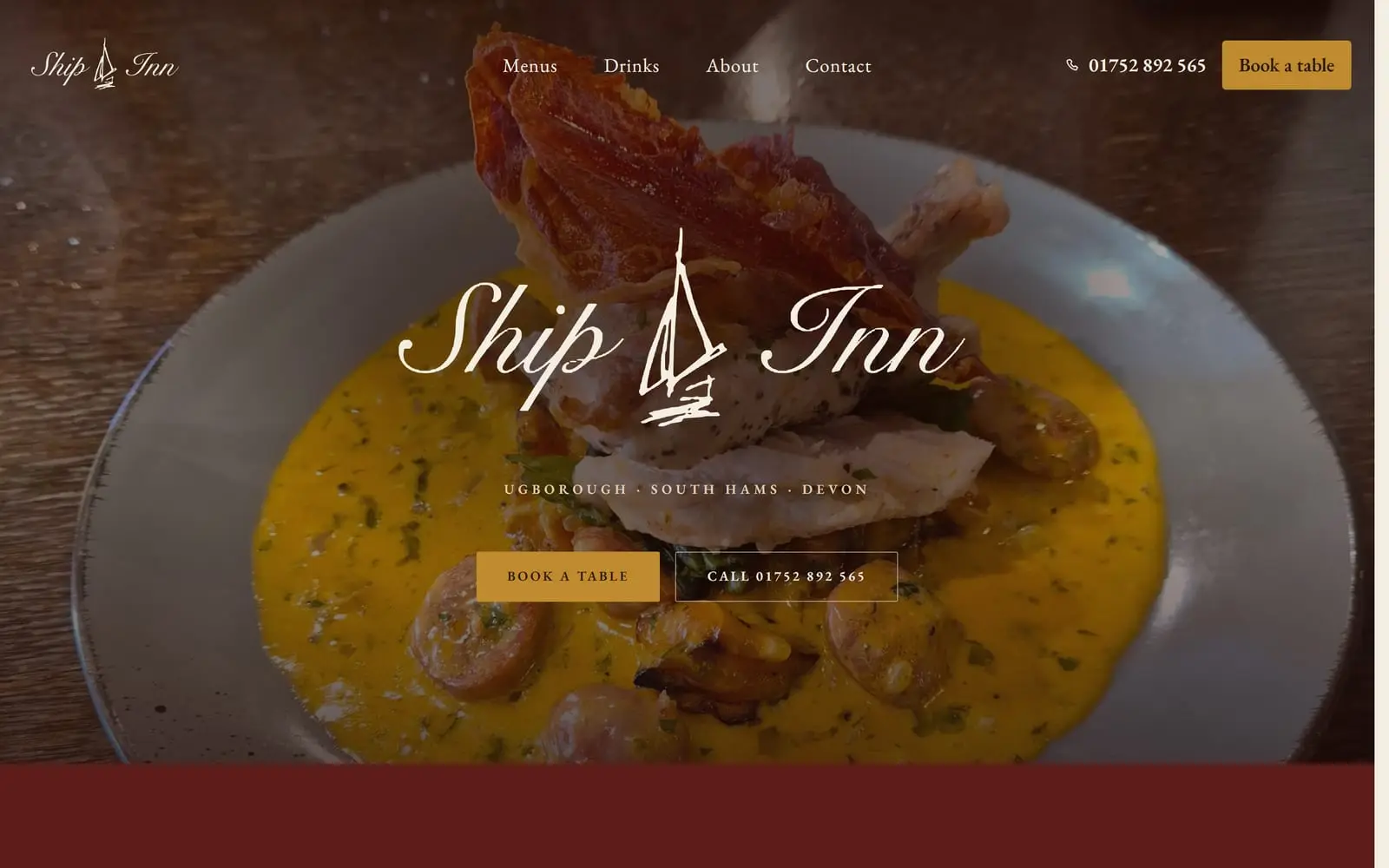 A village pub website shown in a browser window with the matching phone view: a plate of food filling the screen behind the Ship Inn wordmark, with book a table and call buttons