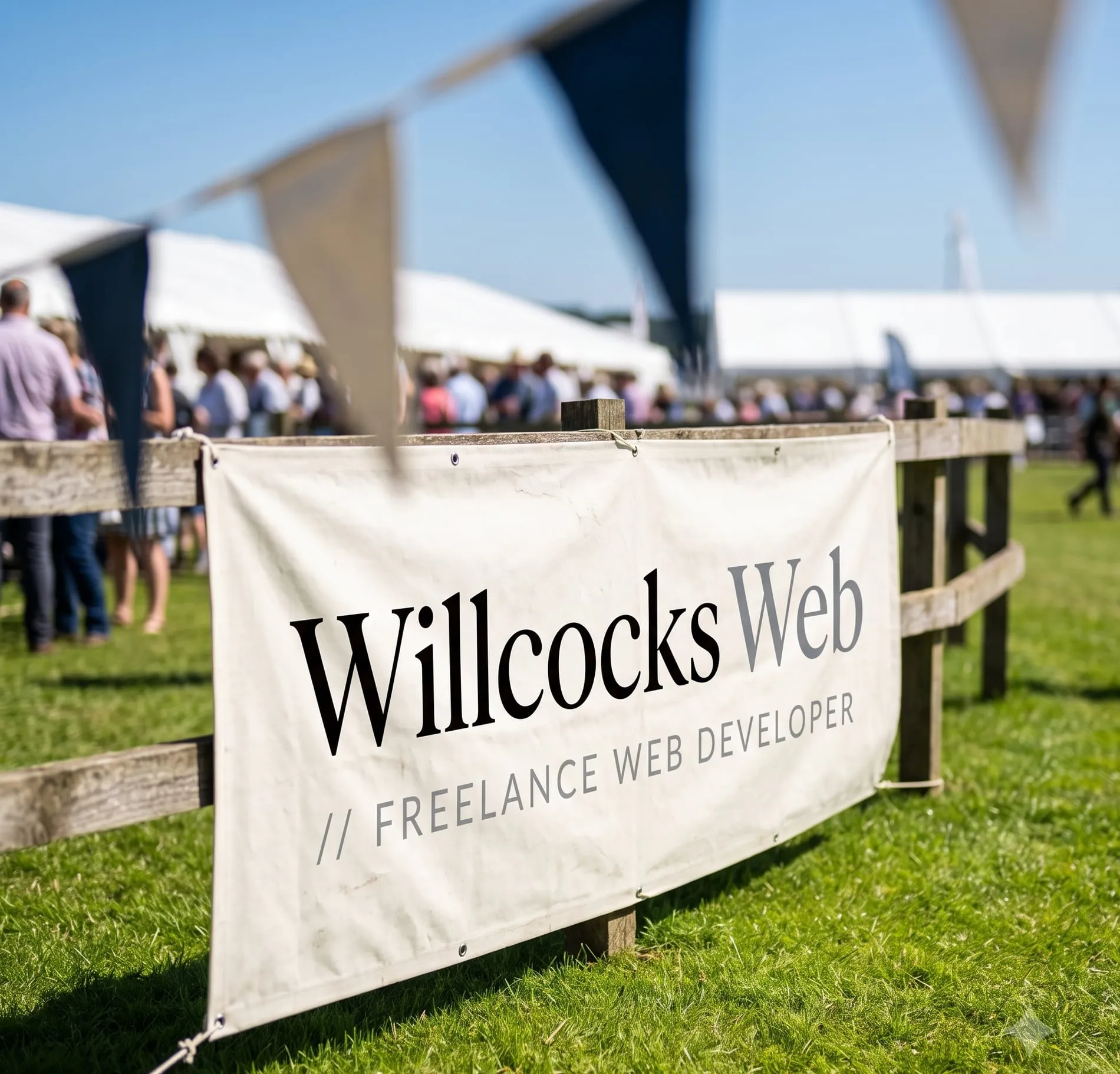 A Willcocks Web banner tied to a wooden fence at a country show, marquees and bunting behind