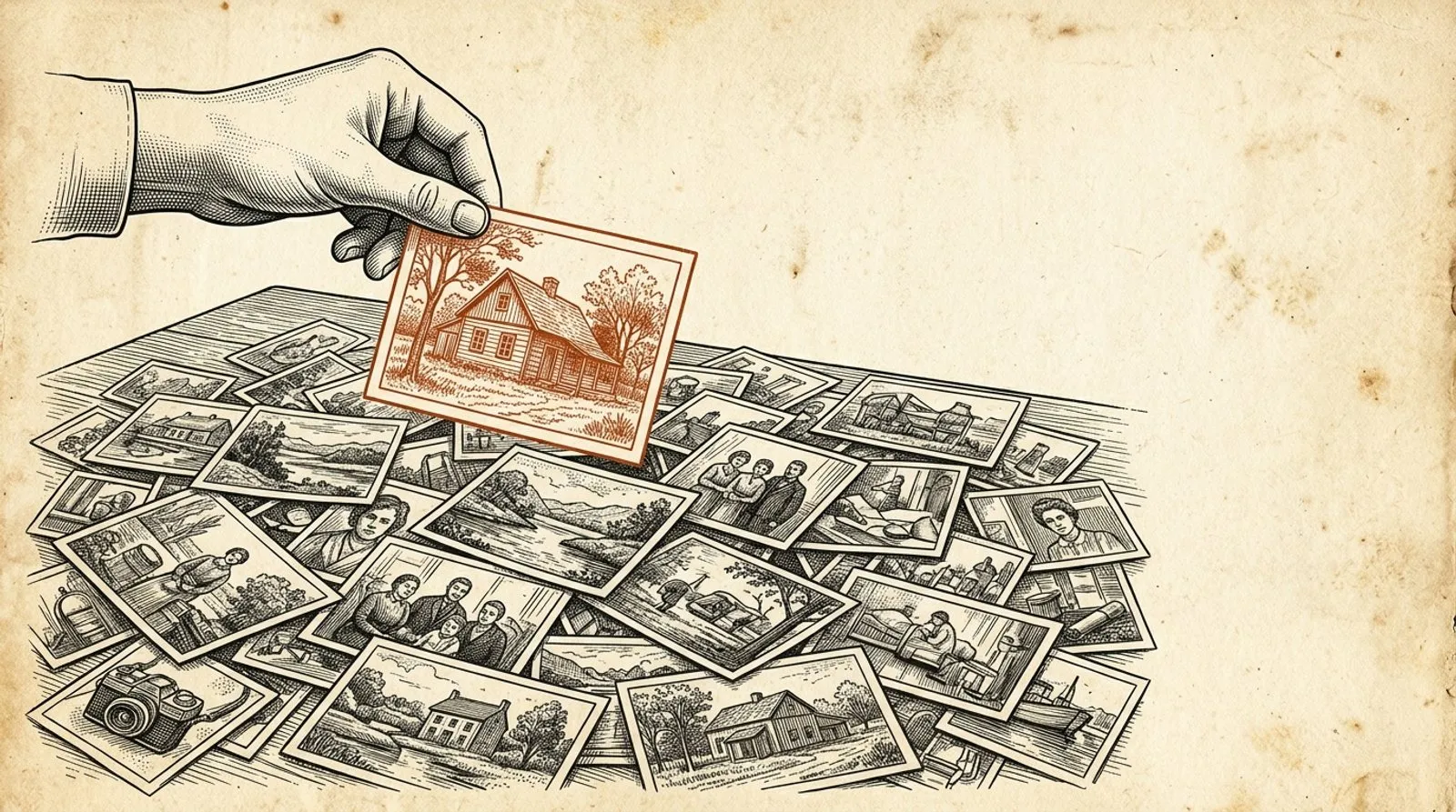 Vintage engraving of a hand lifting one photograph, tinted terracotta, from a large spread of scattered black-and-white photographs on a table