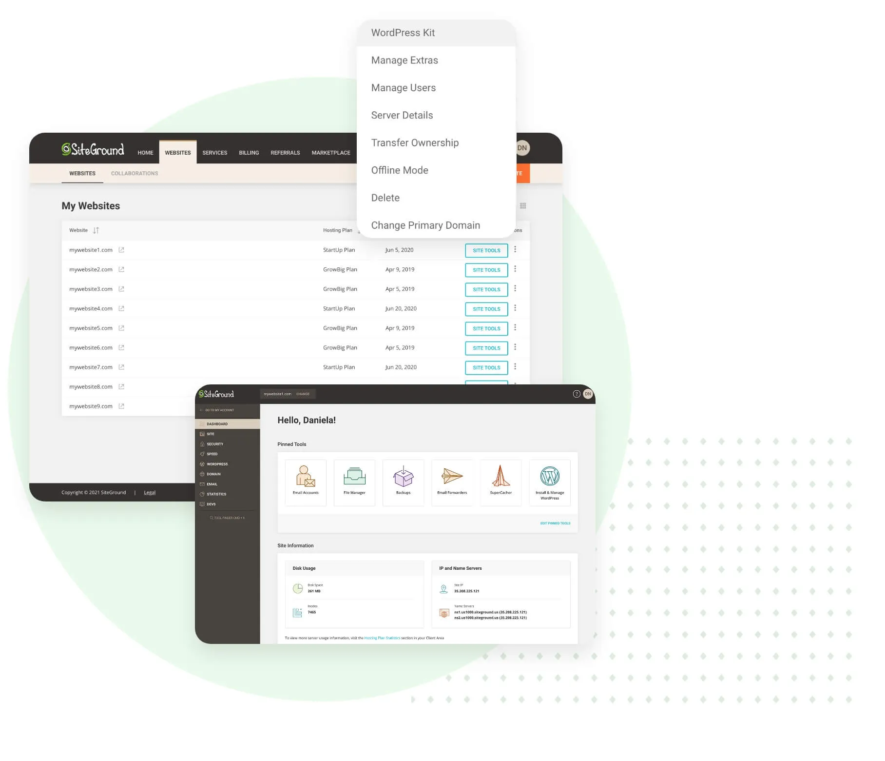 SiteGround’s client-area dashboard — a perfectly competent traditional host, doing the thing it’s good at