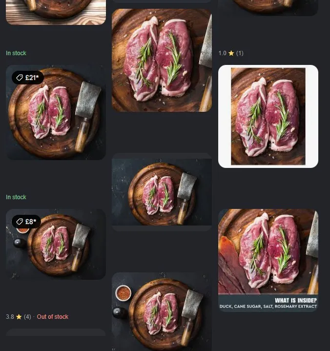A shopping search results grid showing nine different sellers, from butchers to a dog-treat brand, all illustrating their duck breast with the identical stock photograph; every seller name is blacked out