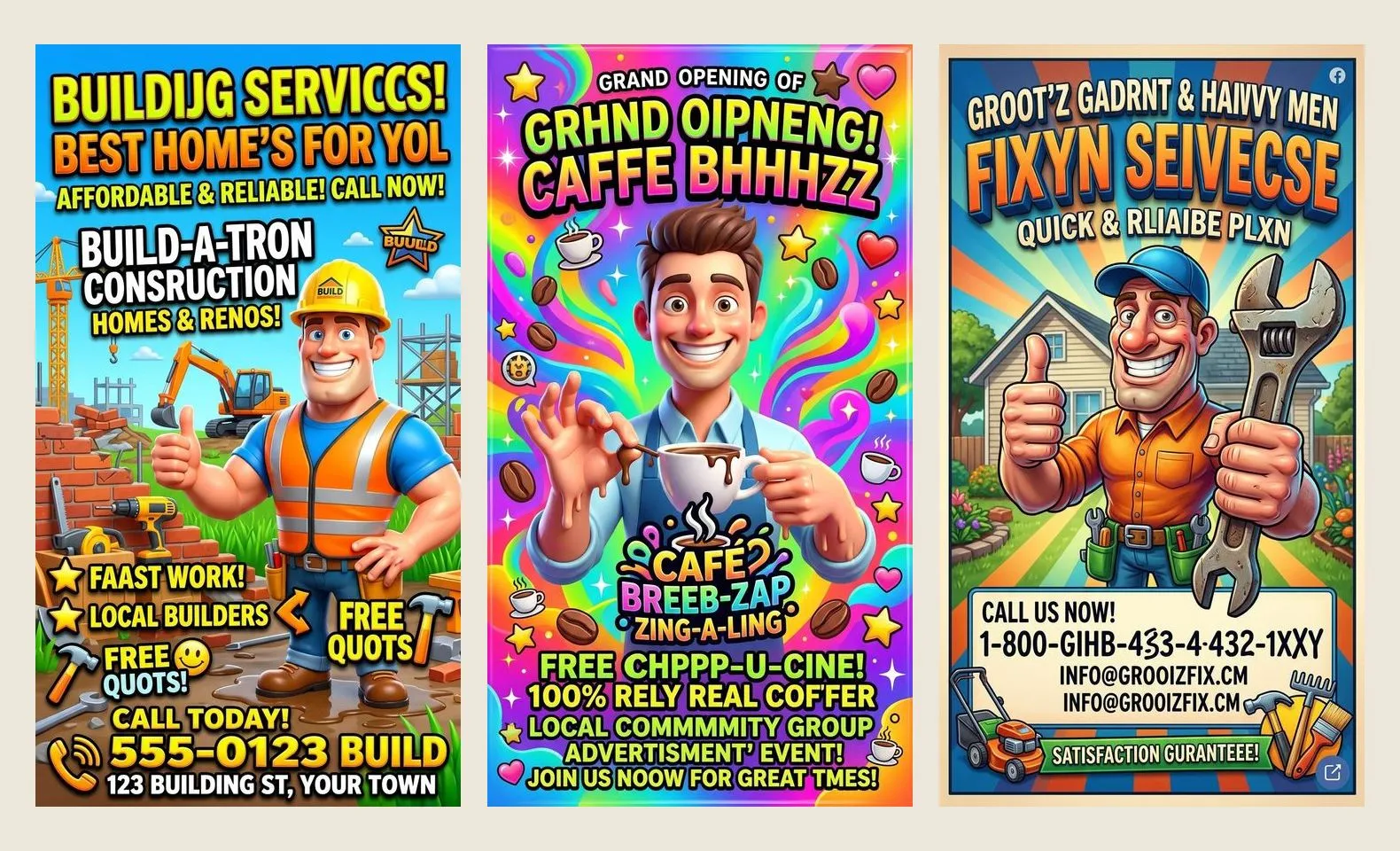 Three garish, obviously AI-generated small-business flyers side by side — a builder, a café and a handyman — full of uncanny cartoon figures, gaudy colours, cheap gradients and garbled, misspelt text