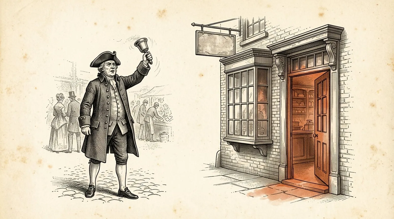 Vintage engraving of a town crier in a tricorn hat ringing a handbell in a market street, beside a shop whose open doorway is picked out in terracotta