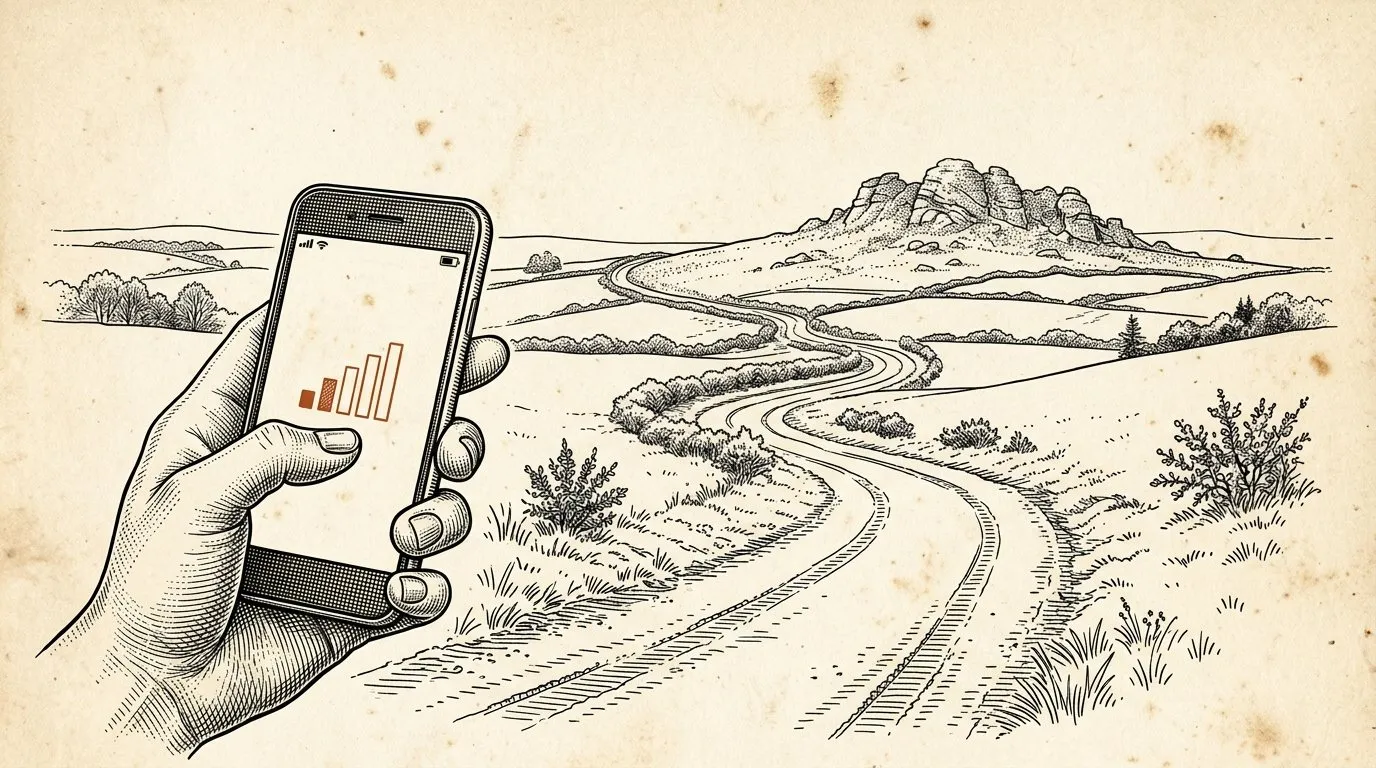 Vintage engraving of a hand holding a phone showing signal bars, one picked out in terracotta, on a winding lane toward a Dartmoor tor