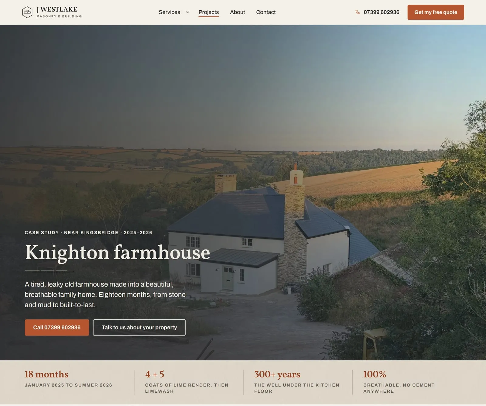 The top of the Knighton farmhouse case study page: the finished house in its valley, with a row of figures underneath: 18 months, four coats of lime render then five of limewash, a well over 300 years old, and no cement anywhere