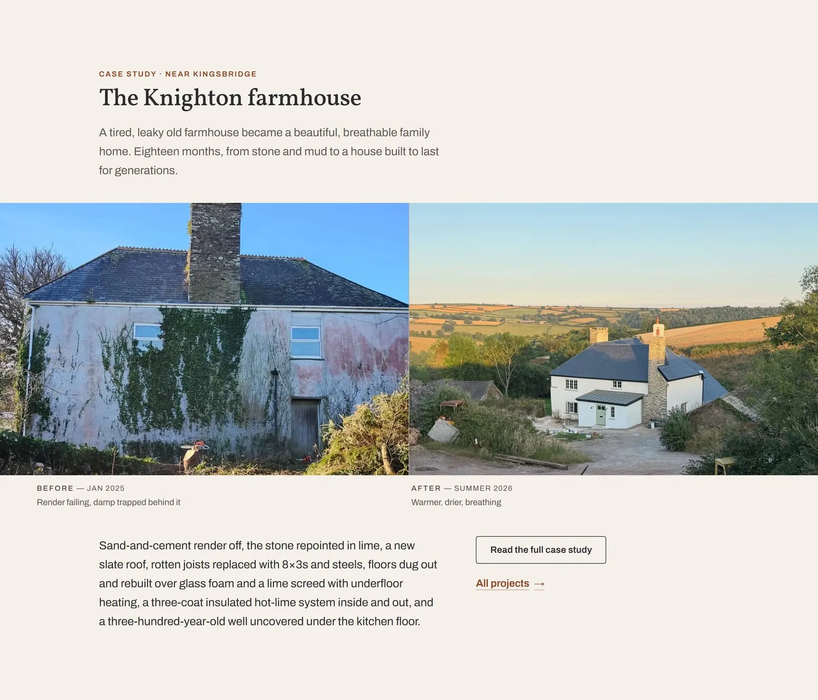 The Knighton farmhouse section of the J Westlake Masonry homepage: before and after photos side by side, the house covered in failing render in January 2025 and finished in white lime in summer 2026, with a paragraph listing everything the job involved