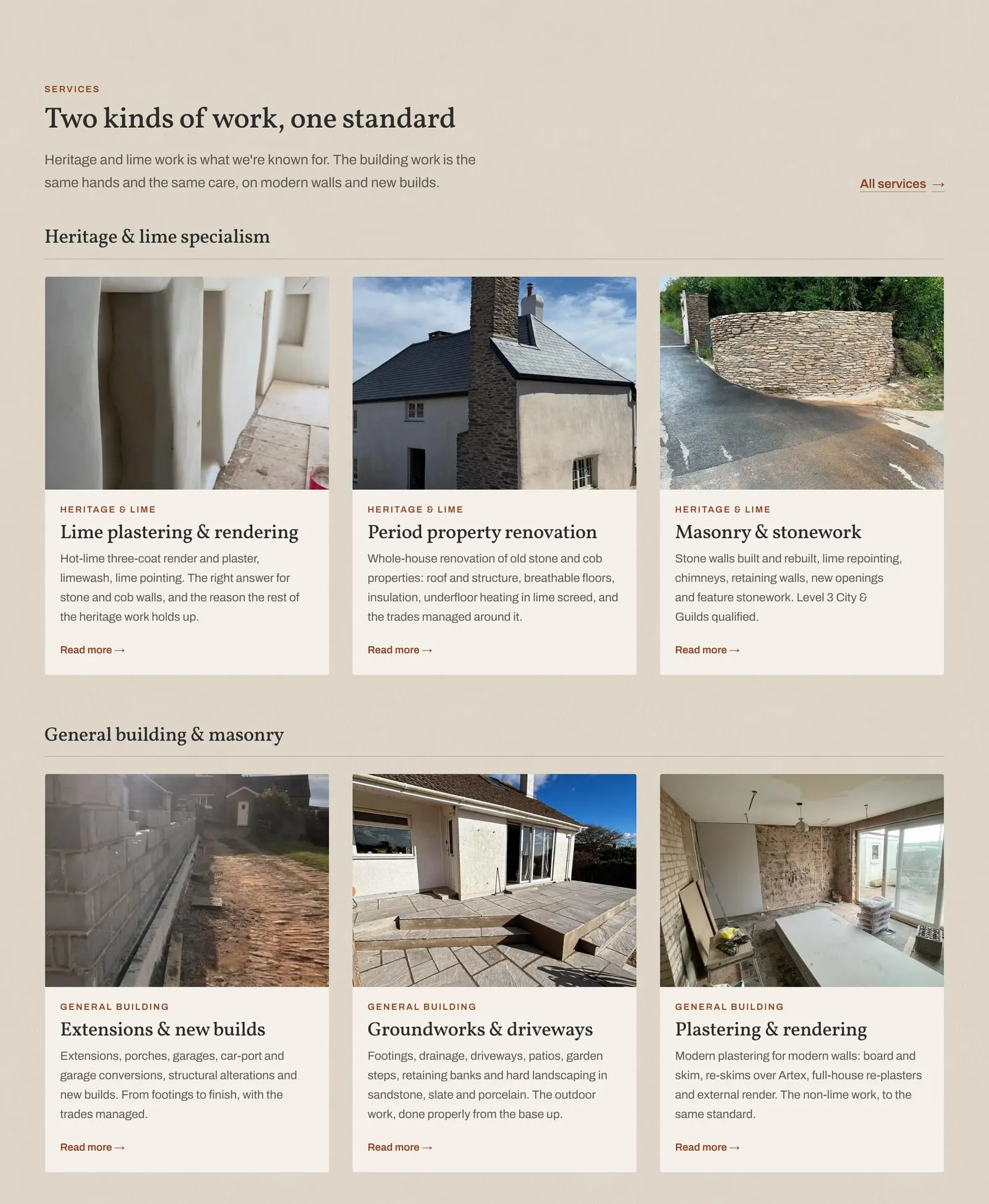 The services section of the J Westlake Masonry homepage, headed “Two kinds of work, one standard”, with three heritage and lime services in the first row and three general building services in the second, each with a photo of the work