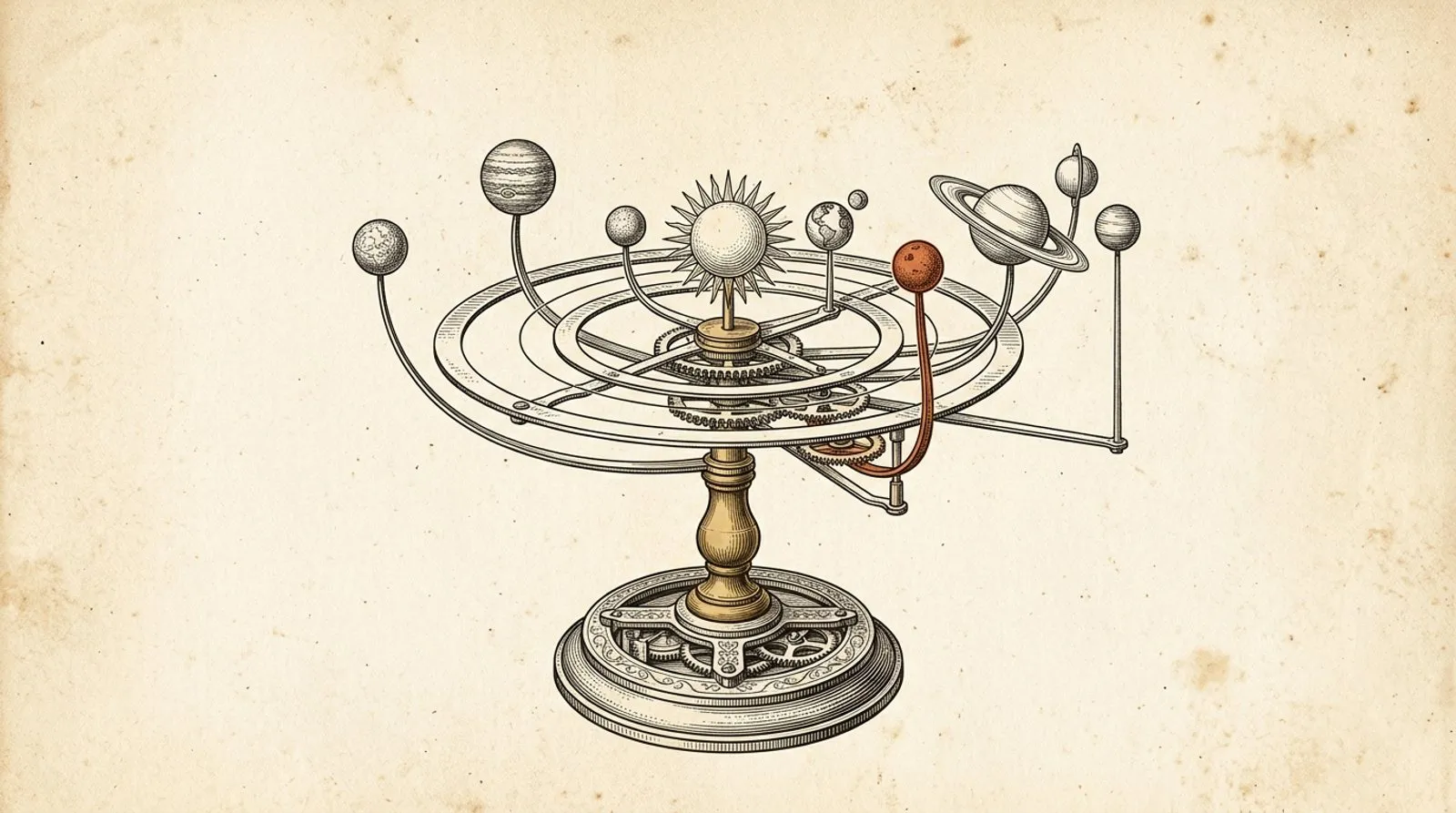 Vintage engraving of an antique brass orrery — a mechanical model of the solar system — one planet on its arm picked out in terracotta