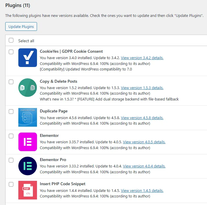 A typical WordPress plugin update screen — eleven plugins, all needing attention this month