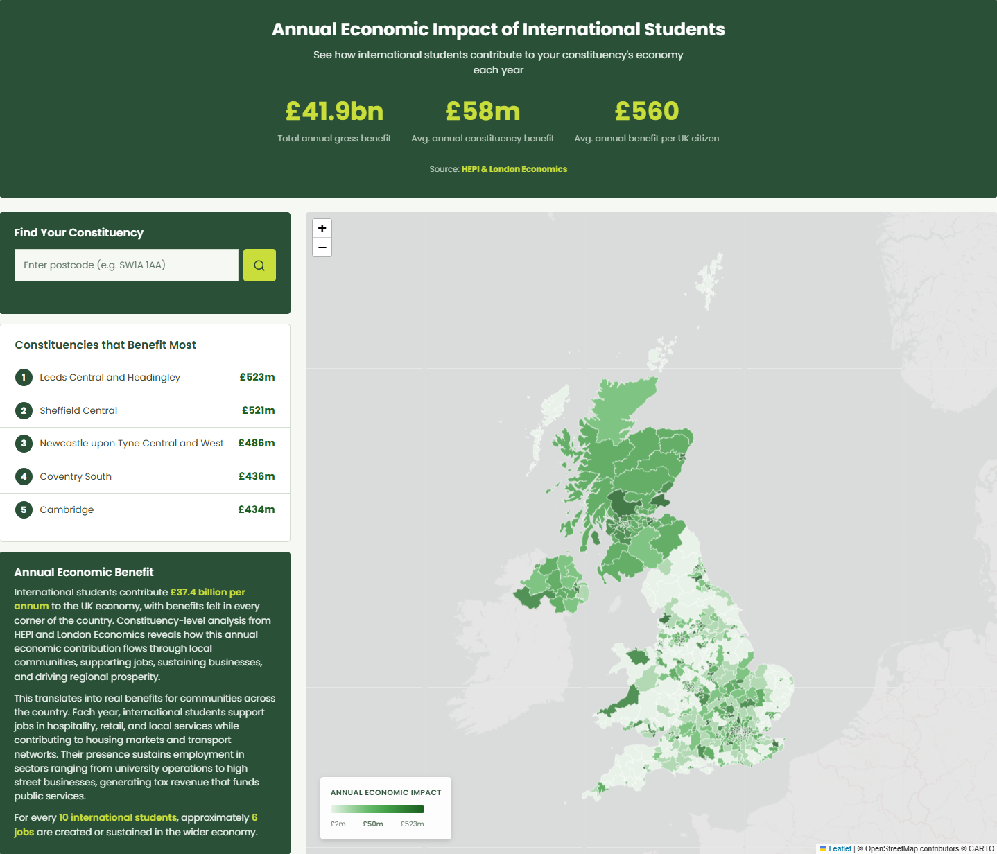 The impact map in full — headline economic figures above an interactive UK constituency map with a search box and a ranked list of the constituencies that benefit most