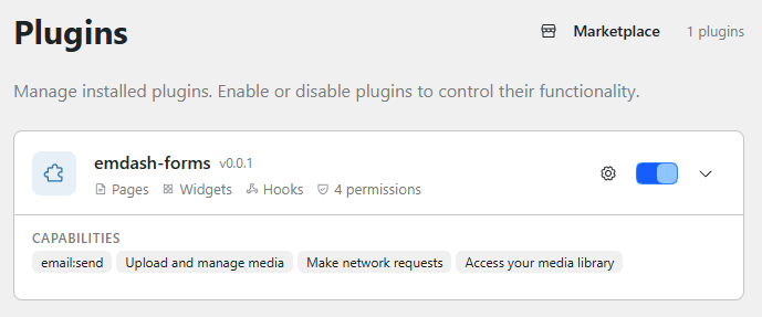 A plugin's capability manifest in EmDash — every permission the plugin can use is listed up front