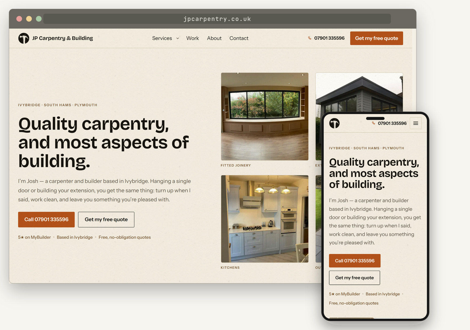 A complete website for a carpentry and building firm shown in a browser window with the matching phone view: a warm cream page and a grid of finished joinery, extensions and kitchens