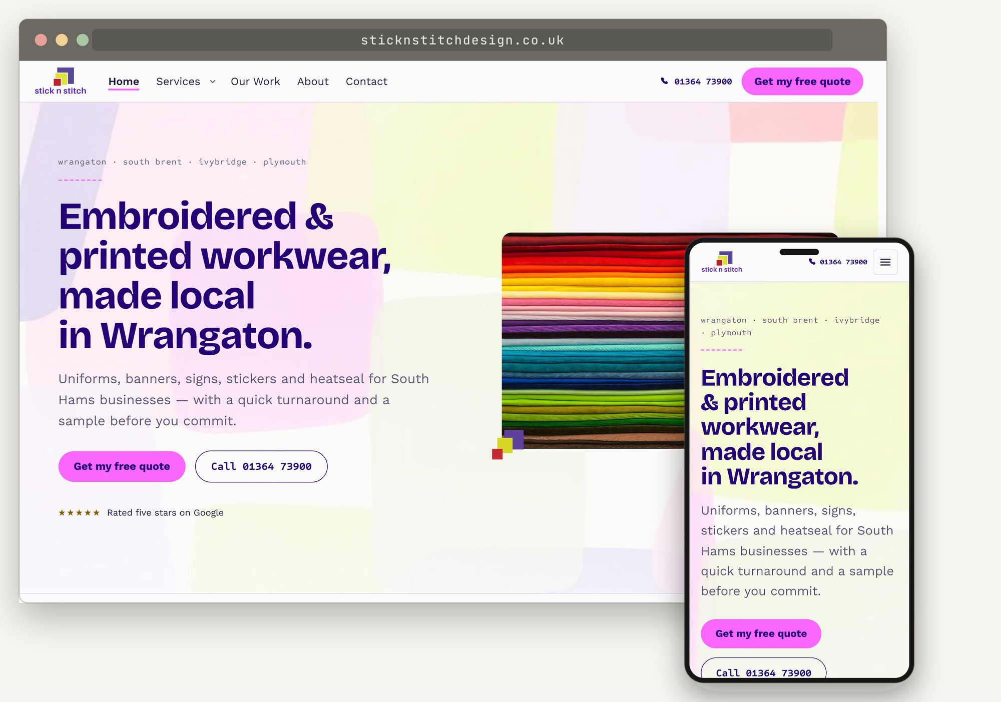 A complete website for an embroidery and printed workwear business shown in a browser window with the matching phone view: bright magenta and violet brand colours and a photograph of stacked coloured garments