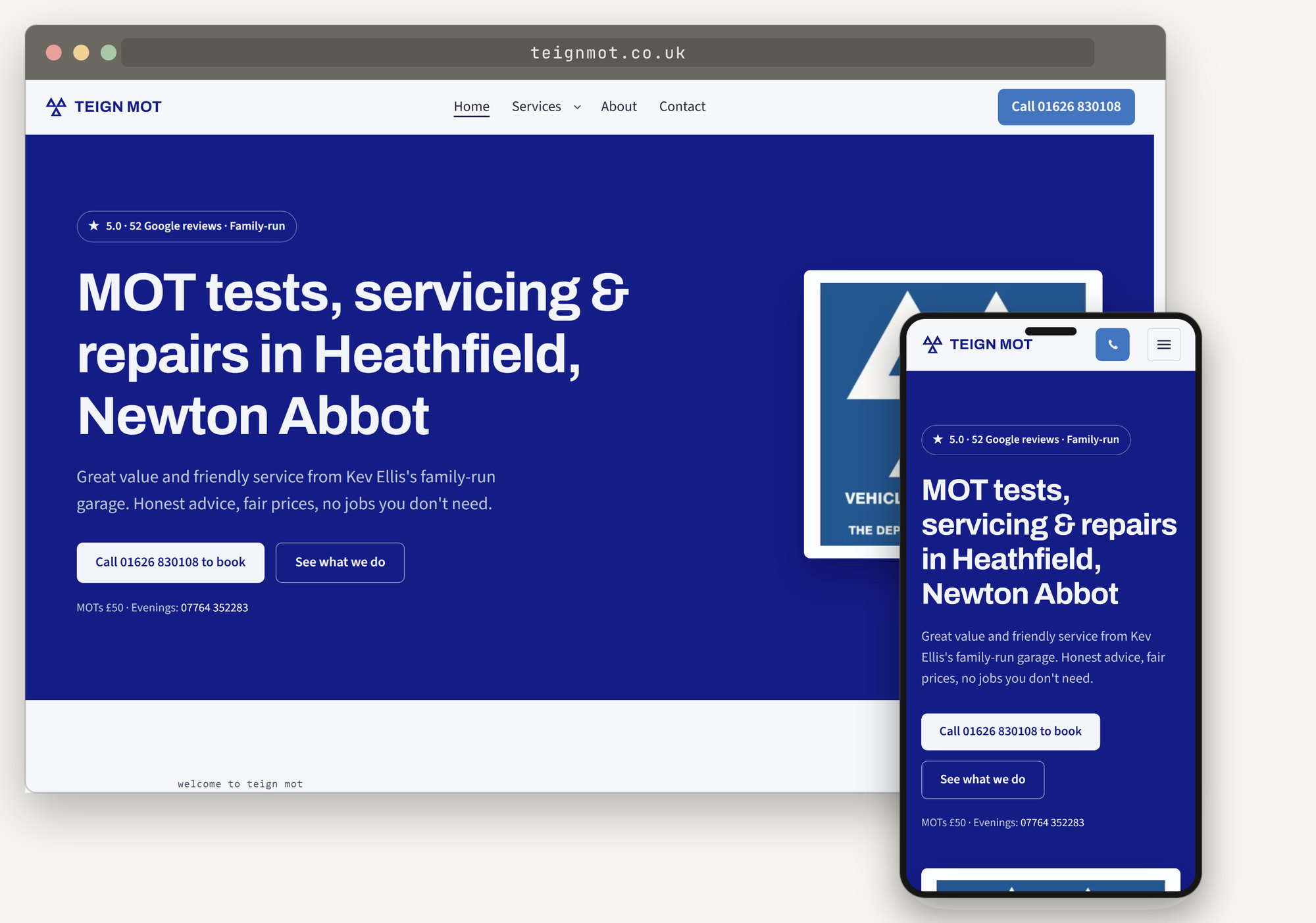 A complete website for an MOT garage shown in a browser window with the matching phone view: a deep blue page, the MOT testing station sign, and a headline about tests, servicing and repairs